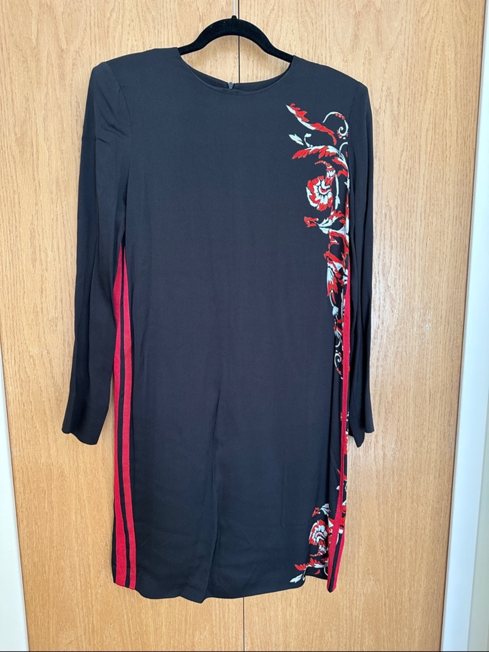 Escada Black Long-Sleeve Shift Dress with Red Floral Accents